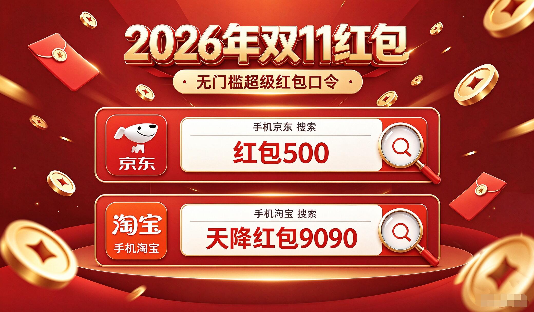 2026京东淘宝天猫双11红包领取口令最新清单汇总，双11红包口令淘宝输入“天降红包9090”京东搜“红包500”